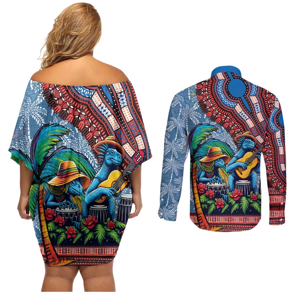 Afro-Caribbean Couples Matching Off Shoulder Short Dress and Long Sleeve Button Shirt African Dashiki Style with Caribbean Music with Blue Iguanas - Wonder Print Shop