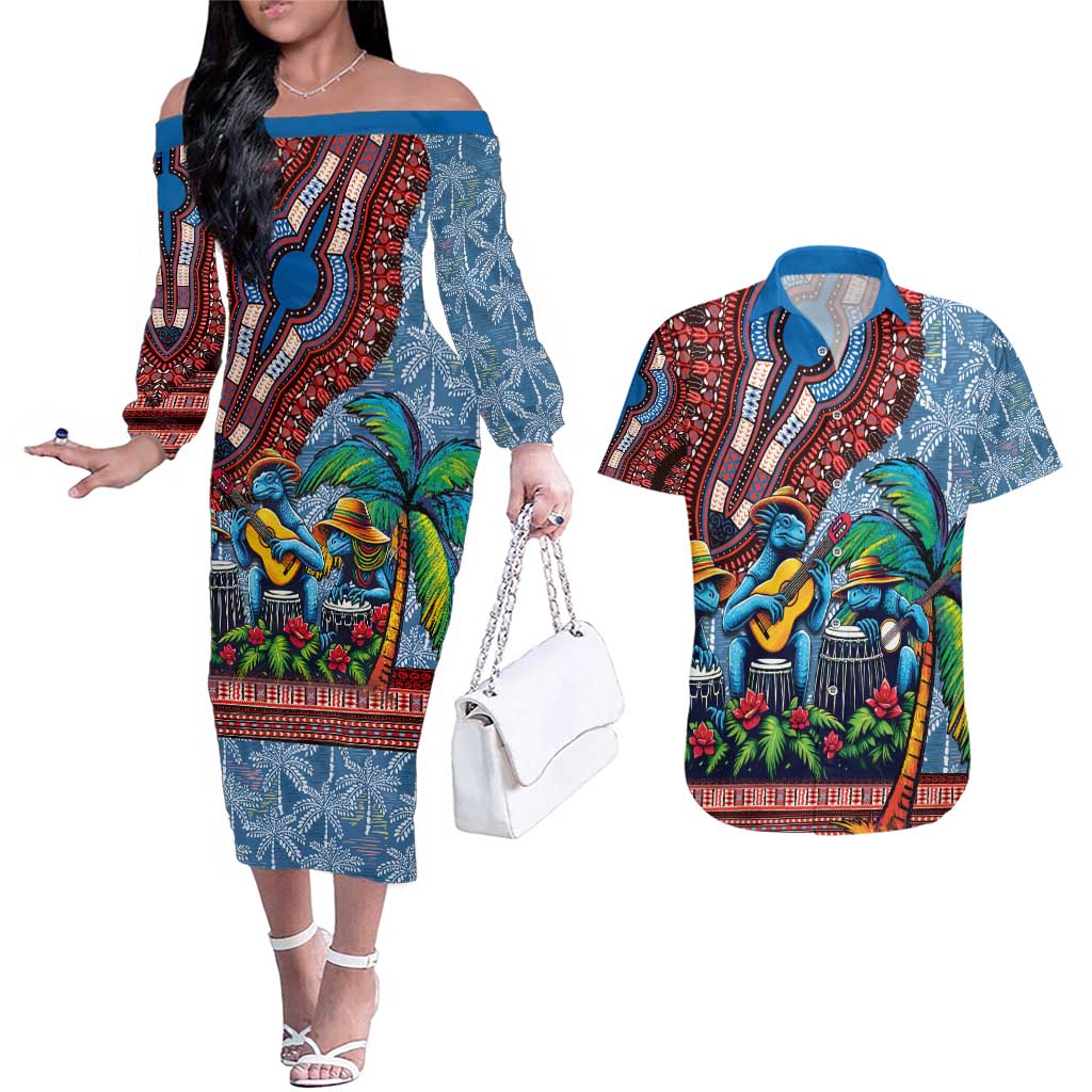 Afro-Caribbean Couples Matching Off The Shoulder Long Sleeve Dress and Hawaiian Shirt African Dashiki Style with Caribbean Music with Blue Iguanas - Wonder Print Shop
