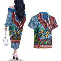 Afro-Caribbean Couples Matching Off The Shoulder Long Sleeve Dress and Hawaiian Shirt African Dashiki Style with Caribbean Music with Blue Iguanas - Wonder Print Shop