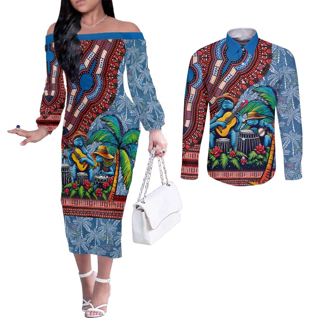 Afro-Caribbean Couples Matching Off The Shoulder Long Sleeve Dress and Long Sleeve Button Shirt African Dashiki Style with Caribbean Music with Blue Iguanas - Wonder Print Shop