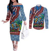 Afro-Caribbean Couples Matching Off The Shoulder Long Sleeve Dress and Long Sleeve Button Shirt African Dashiki Style with Caribbean Music with Blue Iguanas - Wonder Print Shop