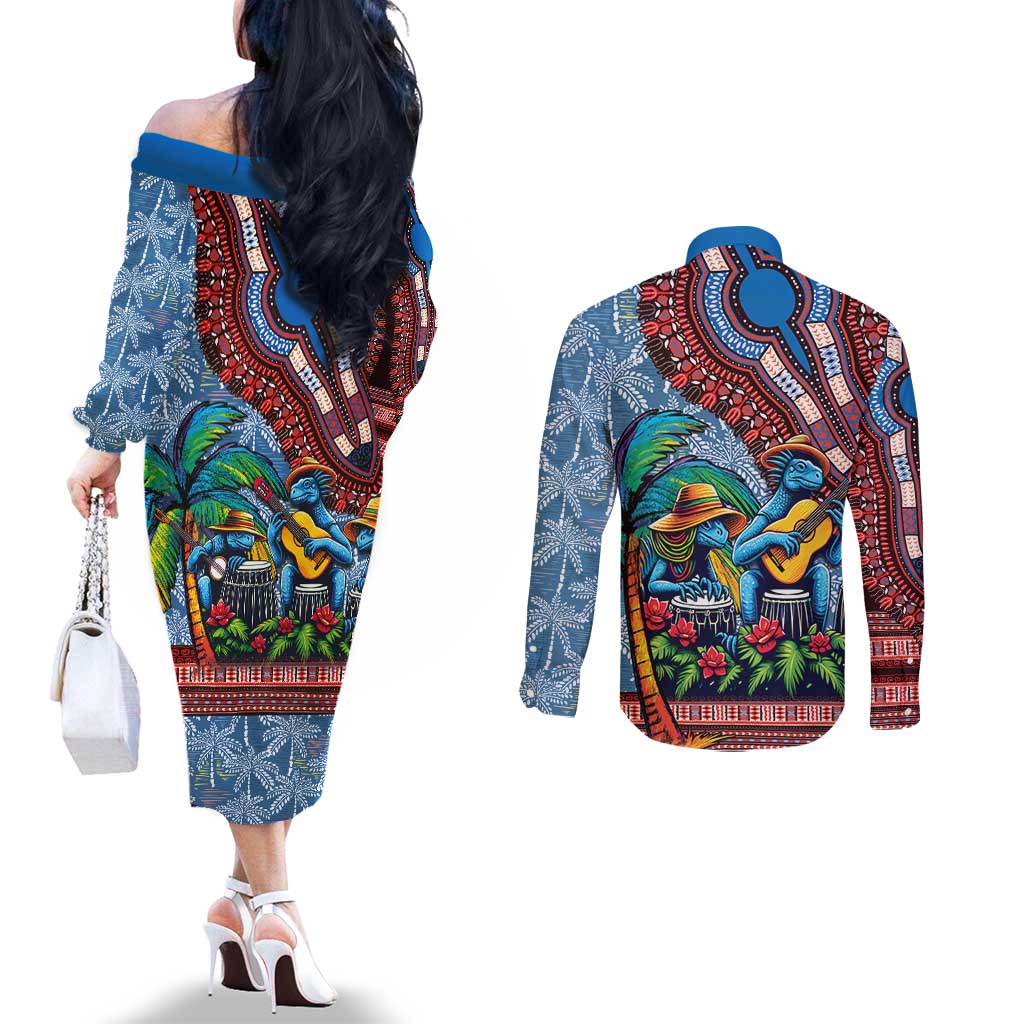 Afro-Caribbean Couples Matching Off The Shoulder Long Sleeve Dress and Long Sleeve Button Shirt African Dashiki Style with Caribbean Music with Blue Iguanas - Wonder Print Shop