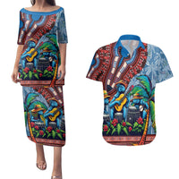 Afro-Caribbean Couples Matching Puletasi and Hawaiian Shirt African Dashiki Style with Caribbean Music with Blue Iguanas - Wonder Print Shop