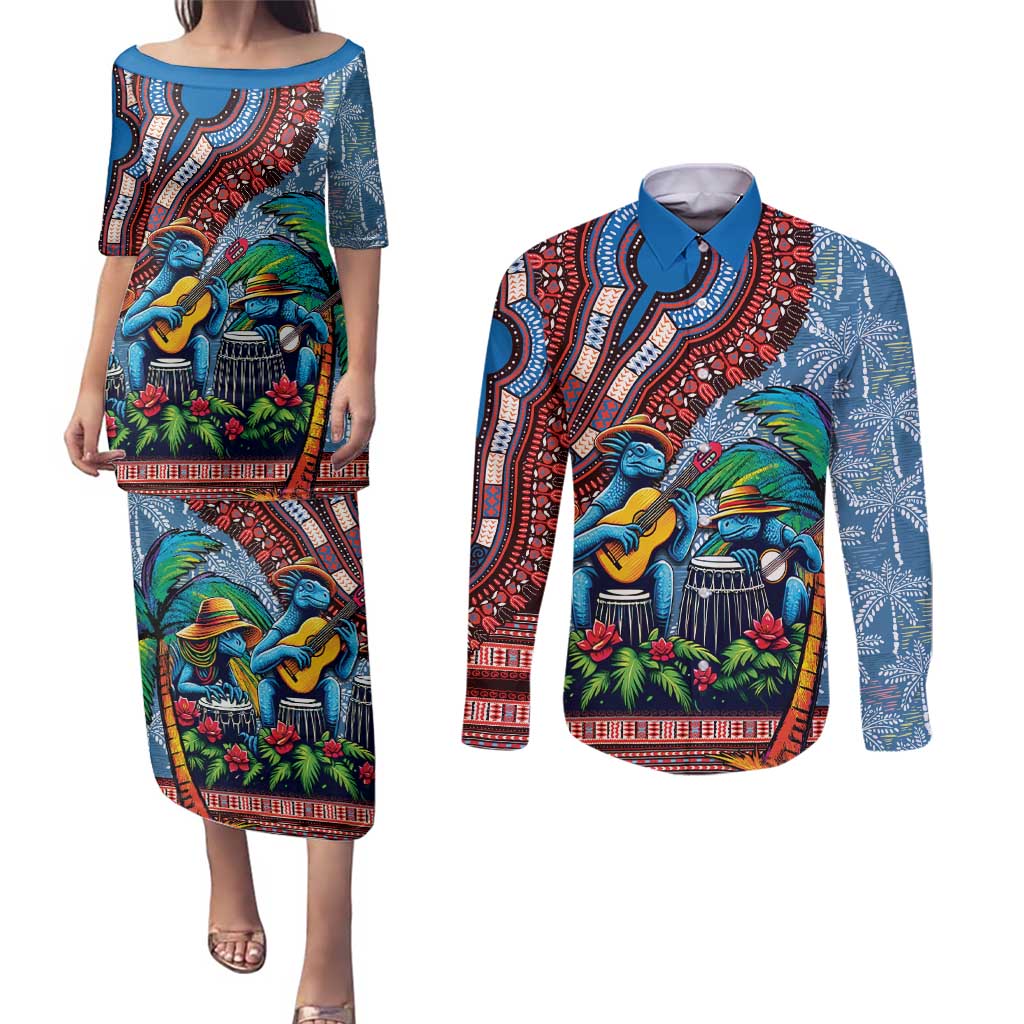 Afro-Caribbean Couples Matching Puletasi and Long Sleeve Button Shirt African Dashiki Style with Caribbean Music with Blue Iguanas - Wonder Print Shop