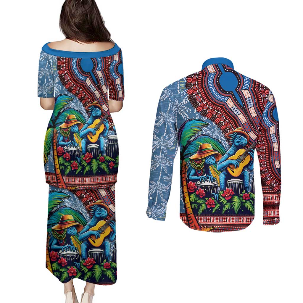 Afro-Caribbean Couples Matching Puletasi and Long Sleeve Button Shirt African Dashiki Style with Caribbean Music with Blue Iguanas - Wonder Print Shop
