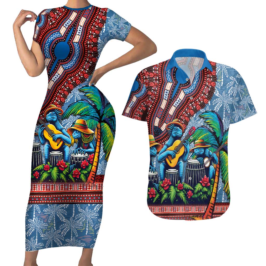 Afro-Caribbean Couples Matching Short Sleeve Bodycon Dress and Hawaiian Shirt African Dashiki Style with Caribbean Music with Blue Iguanas - Wonder Print Shop