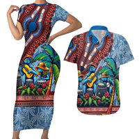 Afro-Caribbean Couples Matching Short Sleeve Bodycon Dress and Hawaiian Shirt African Dashiki Style with Caribbean Music with Blue Iguanas - Wonder Print Shop