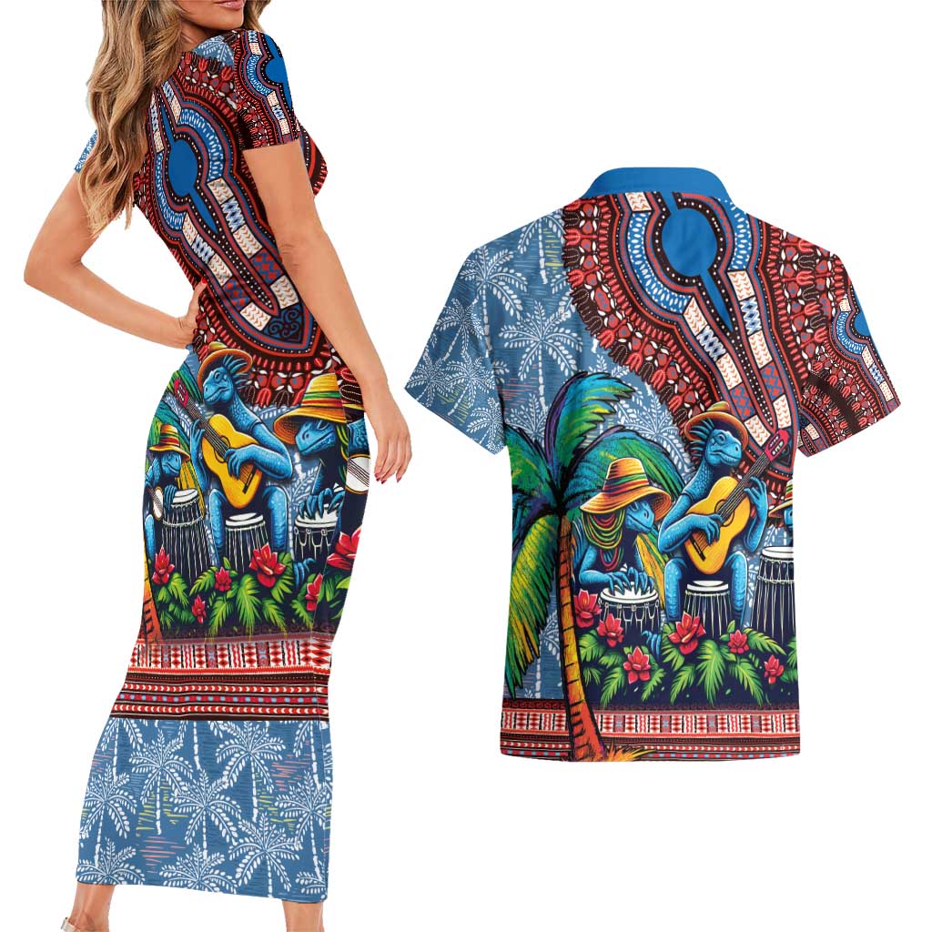 Afro-Caribbean Couples Matching Short Sleeve Bodycon Dress and Hawaiian Shirt African Dashiki Style with Caribbean Music with Blue Iguanas - Wonder Print Shop