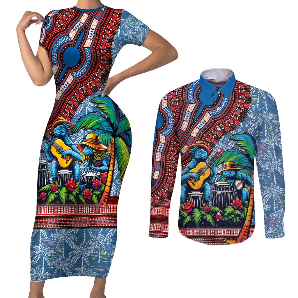 Afro-Caribbean Couples Matching Short Sleeve Bodycon Dress and Long Sleeve Button Shirt African Dashiki Style with Caribbean Music with Blue Iguanas - Wonder Print Shop