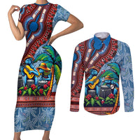Afro-Caribbean Couples Matching Short Sleeve Bodycon Dress and Long Sleeve Button Shirt African Dashiki Style with Caribbean Music with Blue Iguanas - Wonder Print Shop