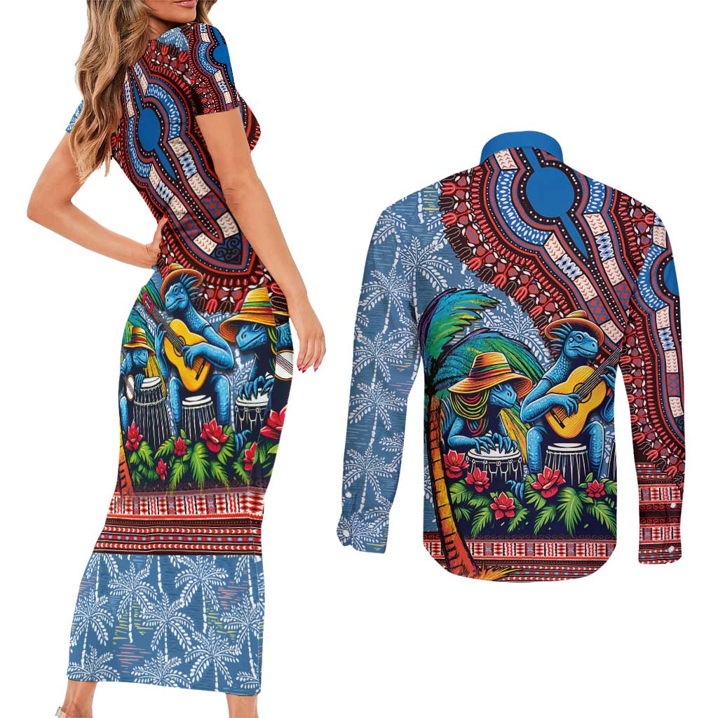 Afro-Caribbean Couples Matching Short Sleeve Bodycon Dress and Long Sleeve Button Shirt African Dashiki Style with Caribbean Music with Blue Iguanas - Wonder Print Shop