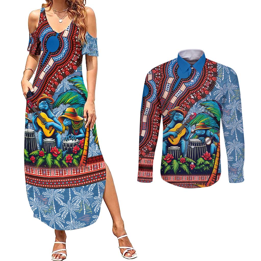 Afro-Caribbean Couples Matching Summer Maxi Dress and Long Sleeve Button Shirt African Dashiki Style with Caribbean Music with Blue Iguanas - Wonder Print Shop