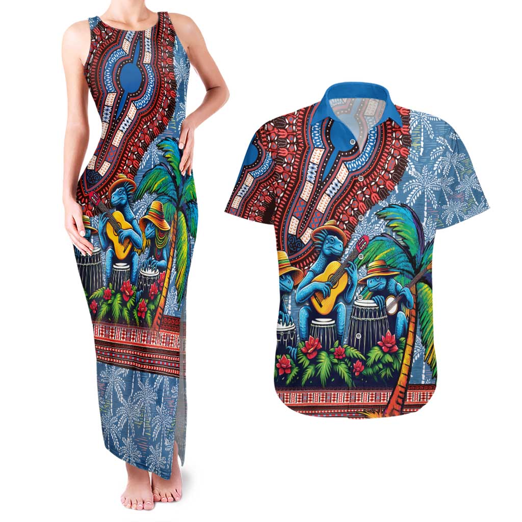 Afro-Caribbean Couples Matching Tank Maxi Dress and Hawaiian Shirt African Dashiki Style with Caribbean Music with Blue Iguanas - Wonder Print Shop