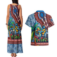 Afro-Caribbean Couples Matching Tank Maxi Dress and Hawaiian Shirt African Dashiki Style with Caribbean Music with Blue Iguanas - Wonder Print Shop