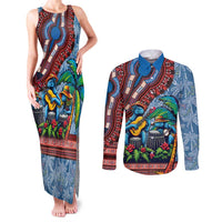 Afro-Caribbean Couples Matching Tank Maxi Dress and Long Sleeve Button Shirt African Dashiki Style with Caribbean Music with Blue Iguanas - Wonder Print Shop