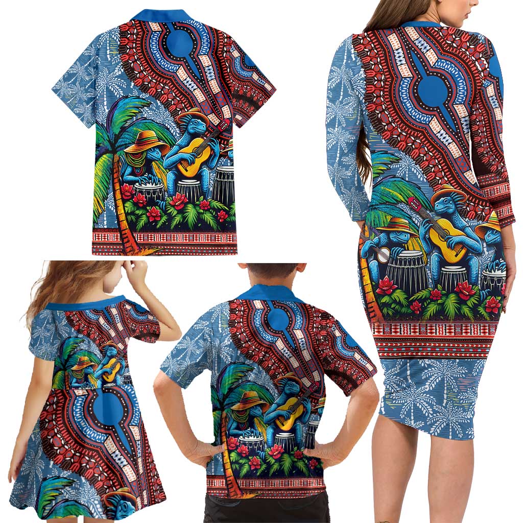 Afro-Caribbean Family Matching Long Sleeve Bodycon Dress and Hawaiian Shirt African Dashiki Style with Caribbean Music with Blue Iguanas - Wonder Print Shop