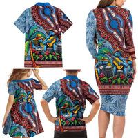 Afro-Caribbean Family Matching Long Sleeve Bodycon Dress and Hawaiian Shirt African Dashiki Style with Caribbean Music with Blue Iguanas - Wonder Print Shop
