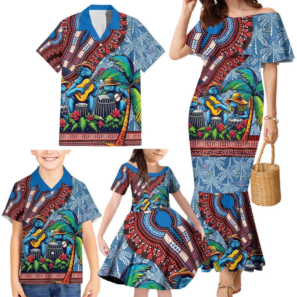 Afro-Caribbean Family Matching Mermaid Dress and Hawaiian Shirt African Dashiki Style with Caribbean Music with Blue Iguanas - Wonder Print Shop