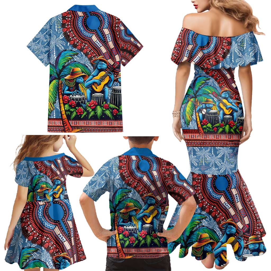 Afro-Caribbean Family Matching Mermaid Dress and Hawaiian Shirt African Dashiki Style with Caribbean Music with Blue Iguanas - Wonder Print Shop