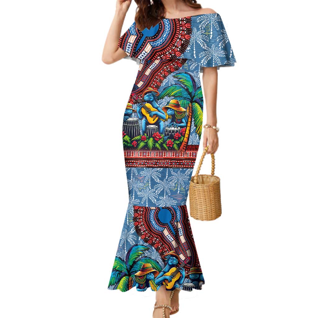 Afro-Caribbean Family Matching Mermaid Dress and Hawaiian Shirt African Dashiki Style with Caribbean Music with Blue Iguanas - Wonder Print Shop