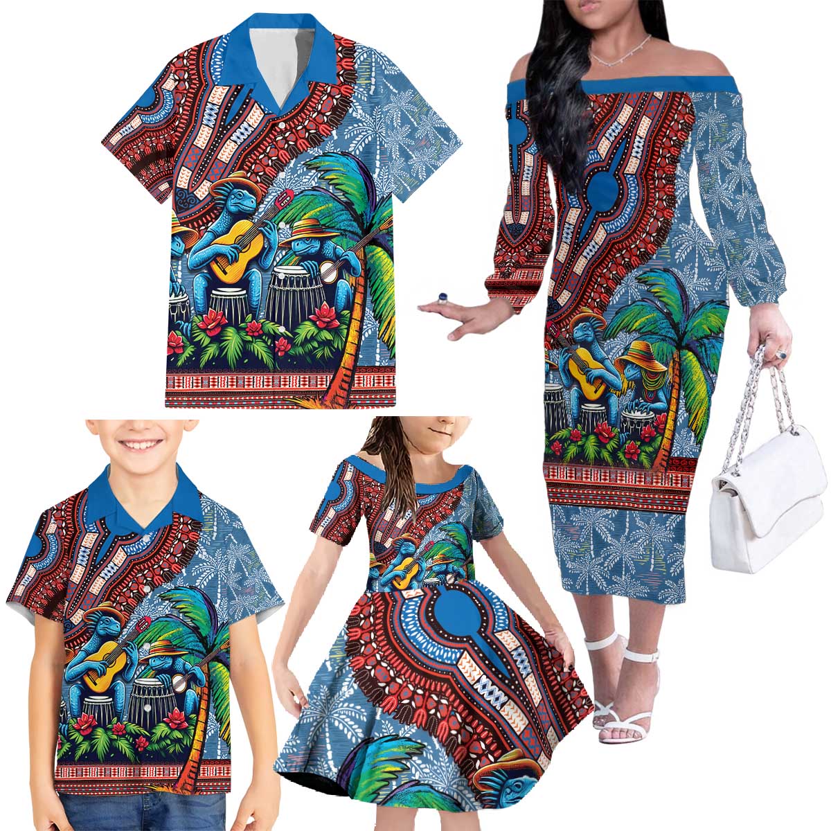 Afro-Caribbean Family Matching Off The Shoulder Long Sleeve Dress and Hawaiian Shirt African Dashiki Style with Caribbean Music with Blue Iguanas - Wonder Print Shop