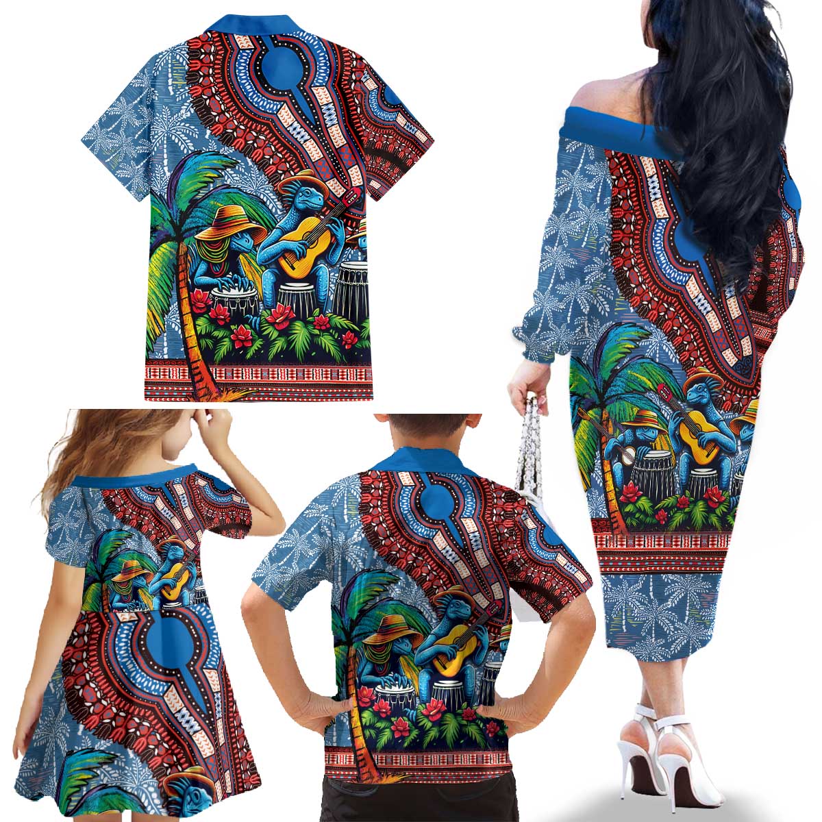 Afro-Caribbean Family Matching Off The Shoulder Long Sleeve Dress and Hawaiian Shirt African Dashiki Style with Caribbean Music with Blue Iguanas - Wonder Print Shop