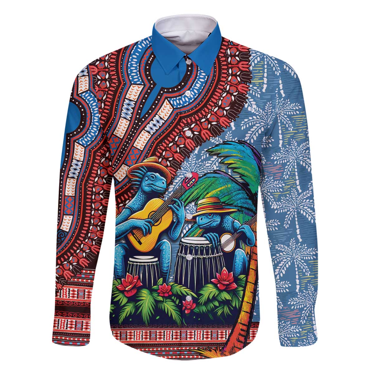 Afro-Caribbean Family Matching Off The Shoulder Long Sleeve Dress and Hawaiian Shirt African Dashiki Style with Caribbean Music with Blue Iguanas - Wonder Print Shop