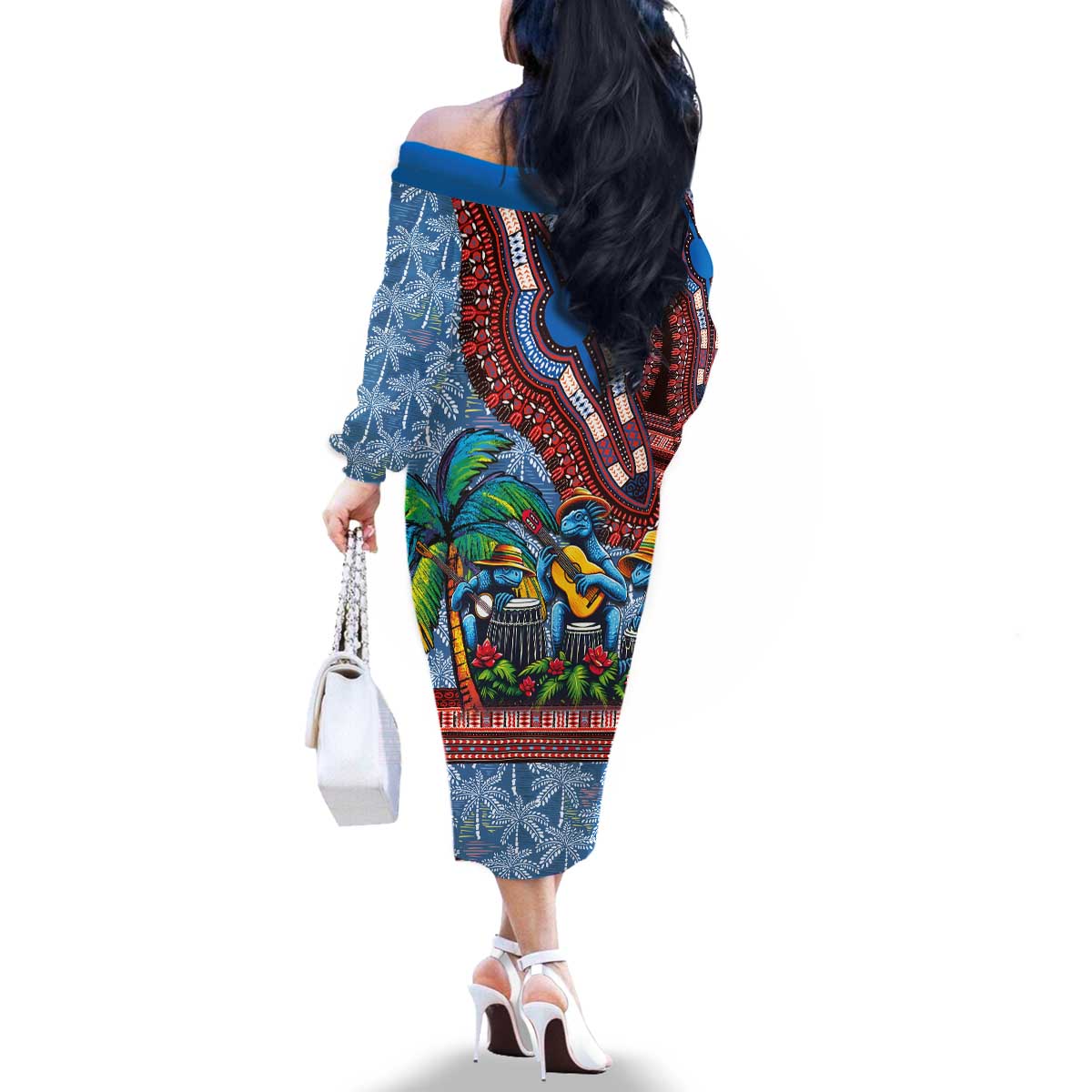 Afro-Caribbean Family Matching Off The Shoulder Long Sleeve Dress and Hawaiian Shirt African Dashiki Style with Caribbean Music with Blue Iguanas - Wonder Print Shop