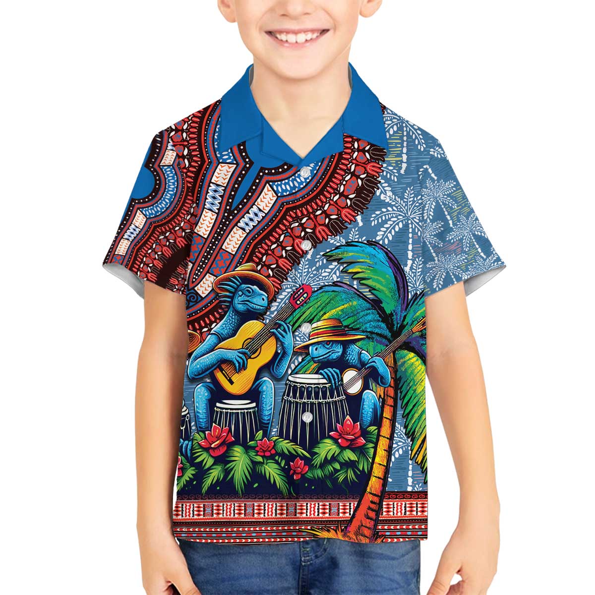 Afro-Caribbean Family Matching Off The Shoulder Long Sleeve Dress and Hawaiian Shirt African Dashiki Style with Caribbean Music with Blue Iguanas - Wonder Print Shop