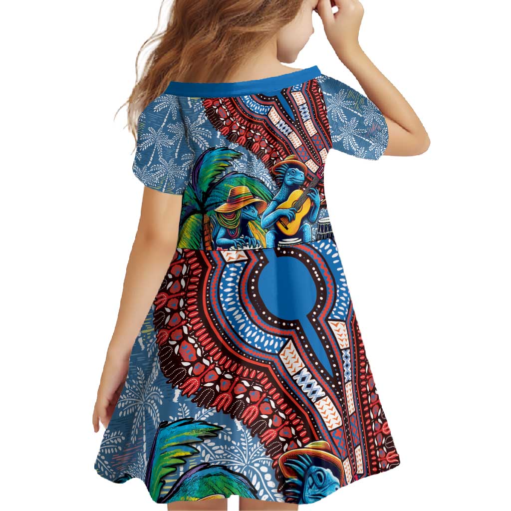 Afro-Caribbean Family Matching Off Shoulder Maxi Dress and Hawaiian Shirt African Dashiki Style with Caribbean Music with Blue Iguanas - Wonder Print Shop