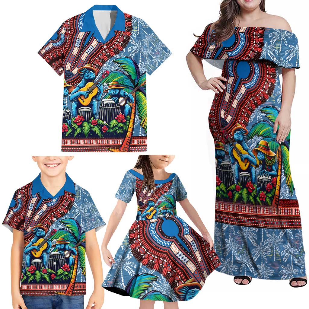 Afro-Caribbean Family Matching Off Shoulder Maxi Dress and Hawaiian Shirt African Dashiki Style with Caribbean Music with Blue Iguanas - Wonder Print Shop