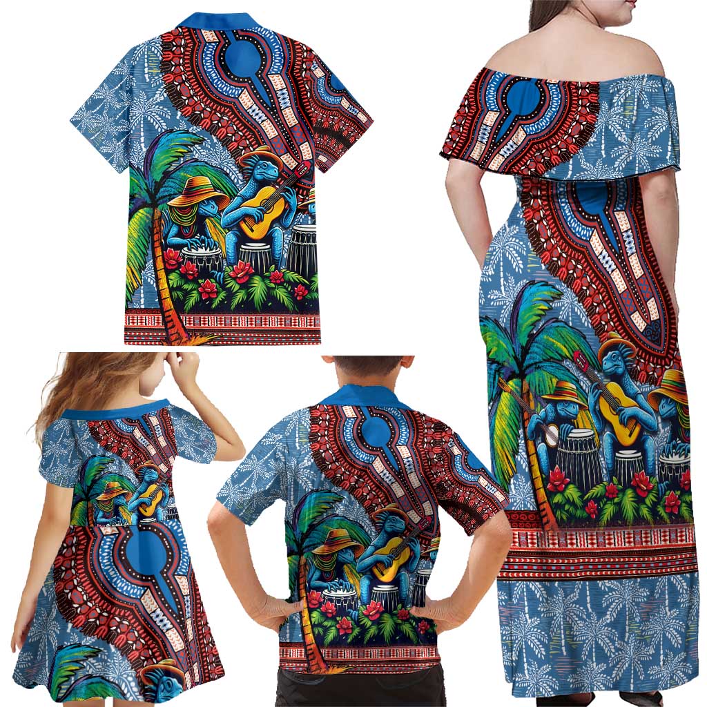 Afro-Caribbean Family Matching Off Shoulder Maxi Dress and Hawaiian Shirt African Dashiki Style with Caribbean Music with Blue Iguanas - Wonder Print Shop