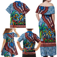 Afro-Caribbean Family Matching Off Shoulder Maxi Dress and Hawaiian Shirt African Dashiki Style with Caribbean Music with Blue Iguanas - Wonder Print Shop