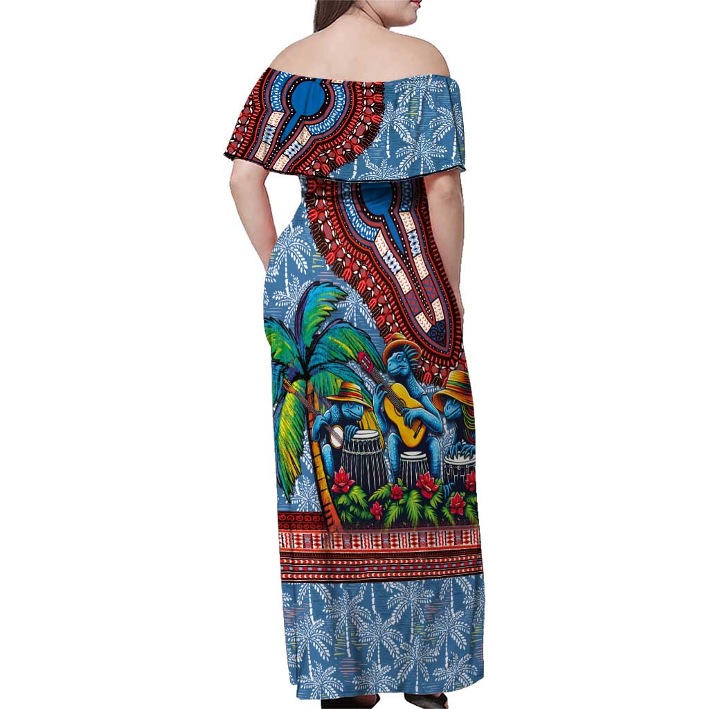 Afro-Caribbean Family Matching Off Shoulder Maxi Dress and Hawaiian Shirt African Dashiki Style with Caribbean Music with Blue Iguanas - Wonder Print Shop
