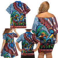 Afro-Caribbean Family Matching Off Shoulder Short Dress and Hawaiian Shirt African Dashiki Style with Caribbean Music with Blue Iguanas - Wonder Print Shop