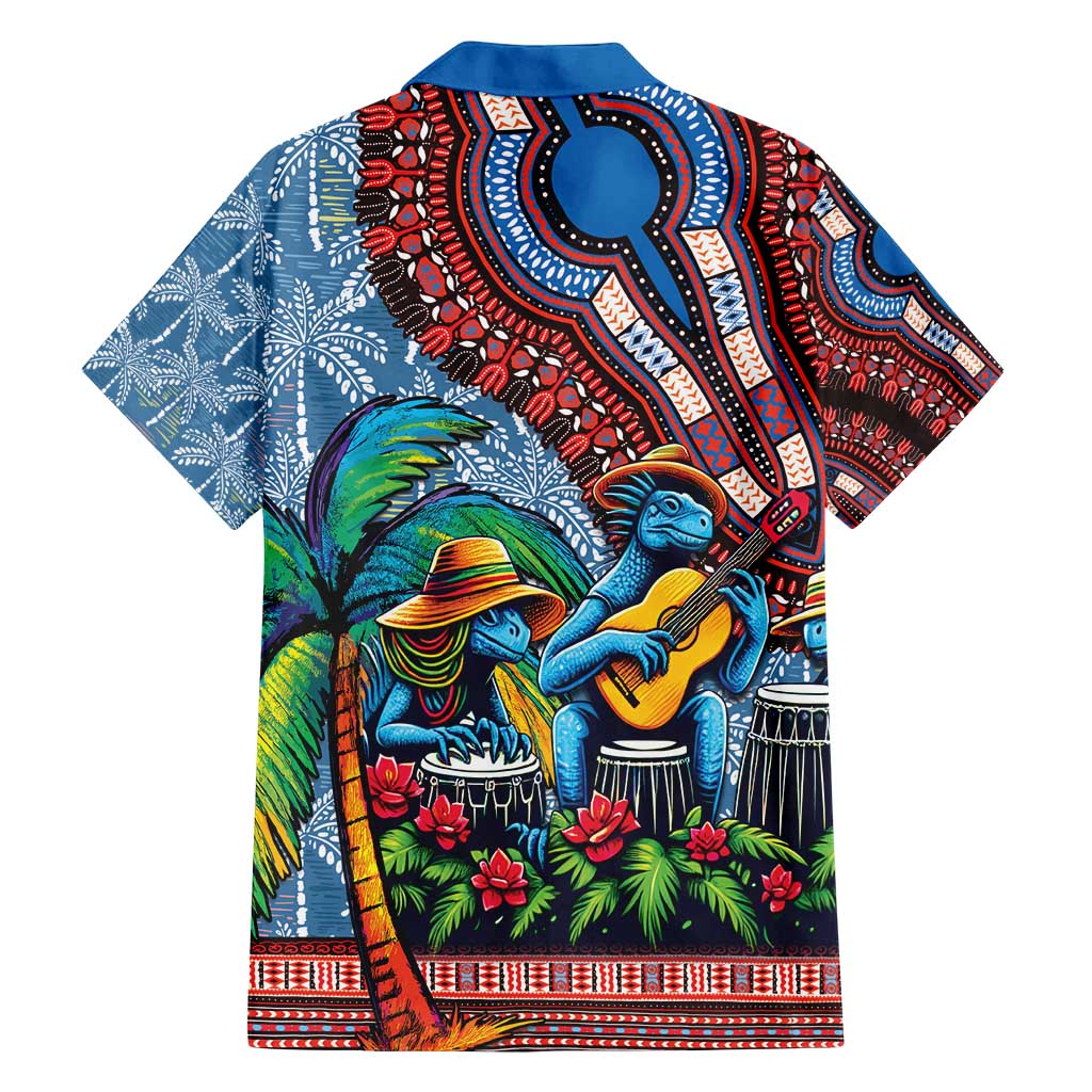 Afro-Caribbean Family Matching Off Shoulder Short Dress and Hawaiian Shirt African Dashiki Style with Caribbean Music with Blue Iguanas - Wonder Print Shop