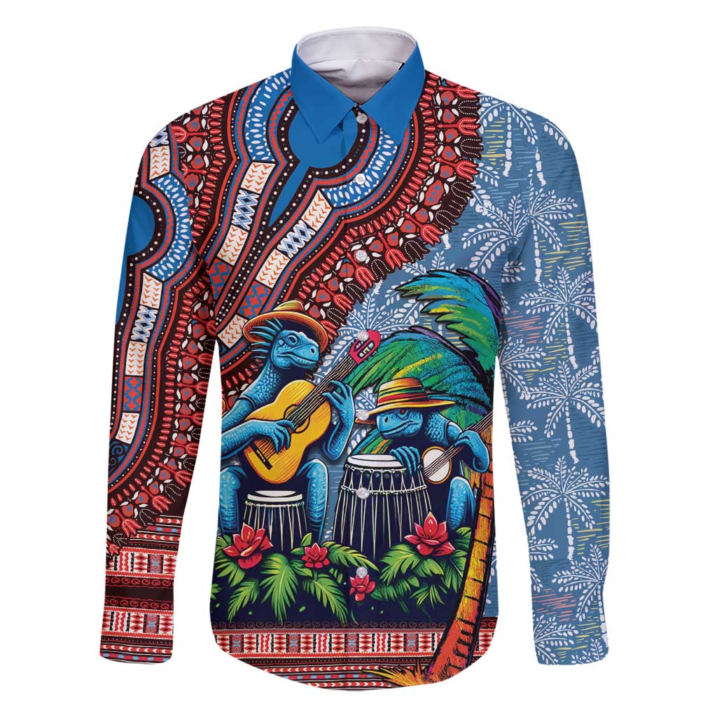 Afro-Caribbean Family Matching Off Shoulder Short Dress and Hawaiian Shirt African Dashiki Style with Caribbean Music with Blue Iguanas - Wonder Print Shop