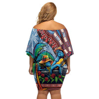 Afro-Caribbean Family Matching Off Shoulder Short Dress and Hawaiian Shirt African Dashiki Style with Caribbean Music with Blue Iguanas - Wonder Print Shop