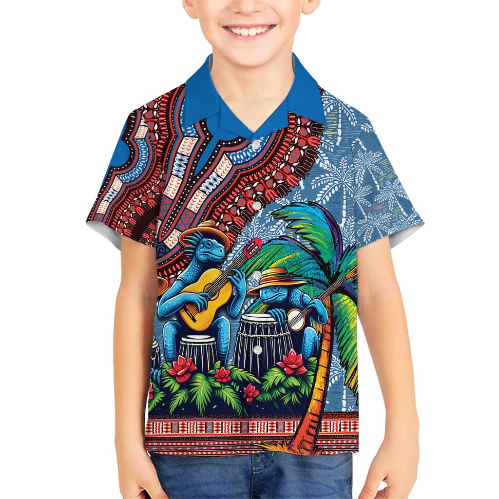 Afro-Caribbean Family Matching Off Shoulder Short Dress and Hawaiian Shirt African Dashiki Style with Caribbean Music with Blue Iguanas - Wonder Print Shop