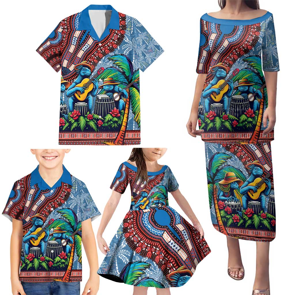 Afro-Caribbean Family Matching Puletasi and Hawaiian Shirt African Dashiki Style with Caribbean Music with Blue Iguanas - Wonder Print Shop