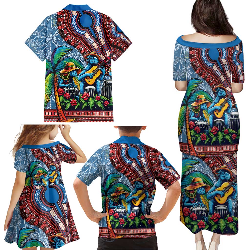 Afro-Caribbean Family Matching Puletasi and Hawaiian Shirt African Dashiki Style with Caribbean Music with Blue Iguanas - Wonder Print Shop
