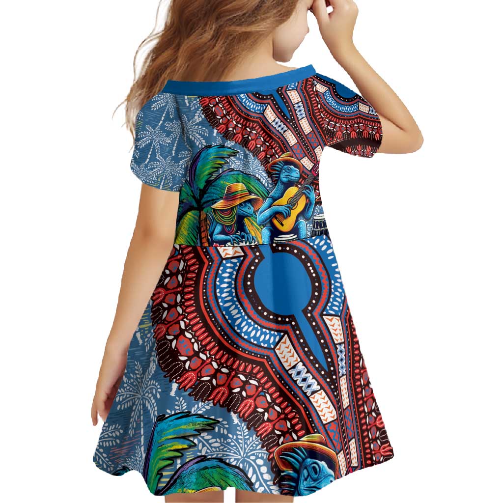 Afro-Caribbean Family Matching Short Sleeve Bodycon Dress and Hawaiian Shirt African Dashiki Style with Caribbean Music with Blue Iguanas - Wonder Print Shop