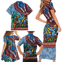 Afro-Caribbean Family Matching Short Sleeve Bodycon Dress and Hawaiian Shirt African Dashiki Style with Caribbean Music with Blue Iguanas - Wonder Print Shop