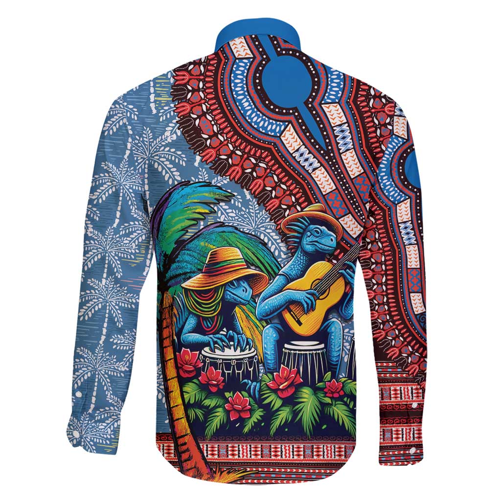 Afro-Caribbean Family Matching Short Sleeve Bodycon Dress and Hawaiian Shirt African Dashiki Style with Caribbean Music with Blue Iguanas - Wonder Print Shop