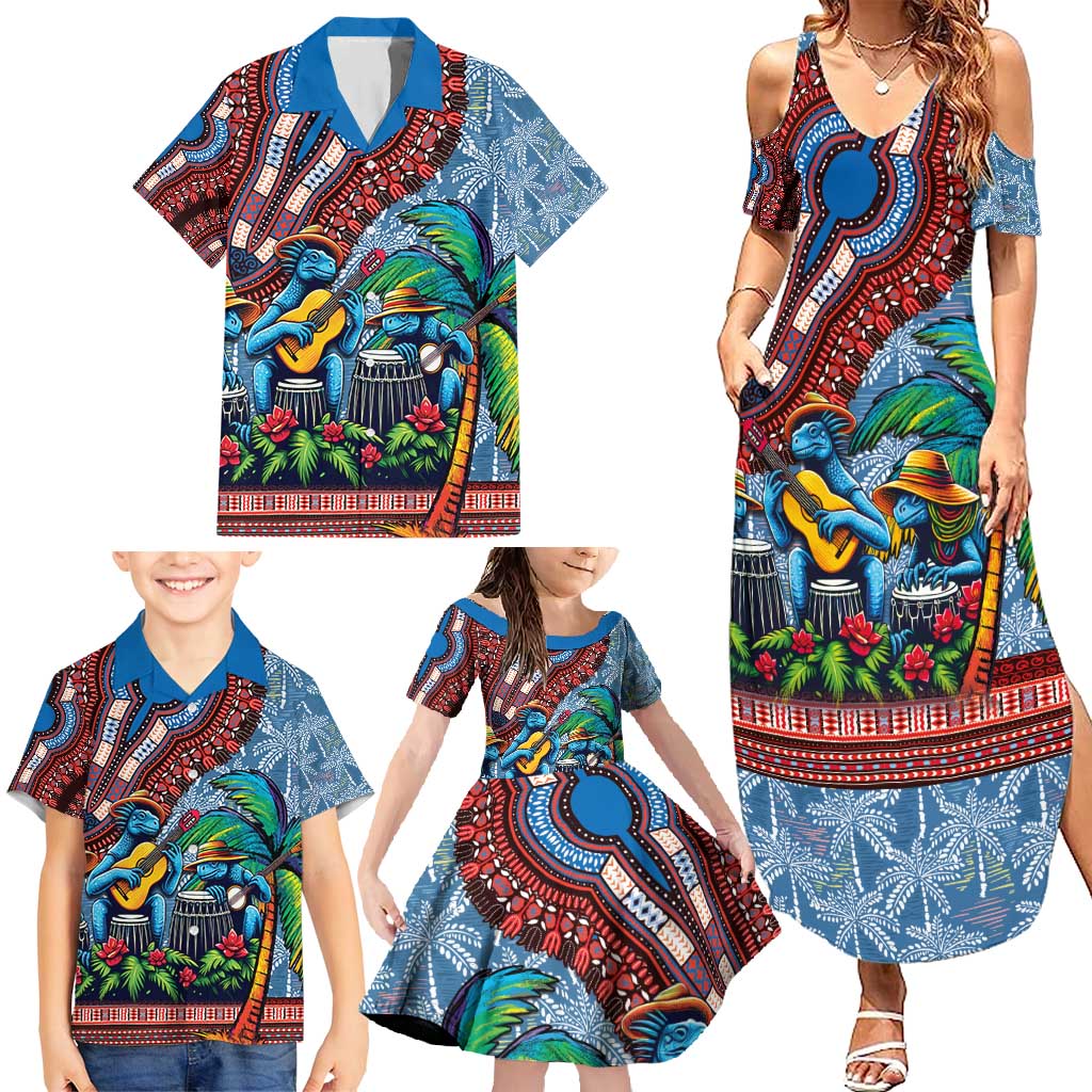 Afro-Caribbean Family Matching Summer Maxi Dress and Hawaiian Shirt African Dashiki Style with Caribbean Music with Blue Iguanas - Wonder Print Shop