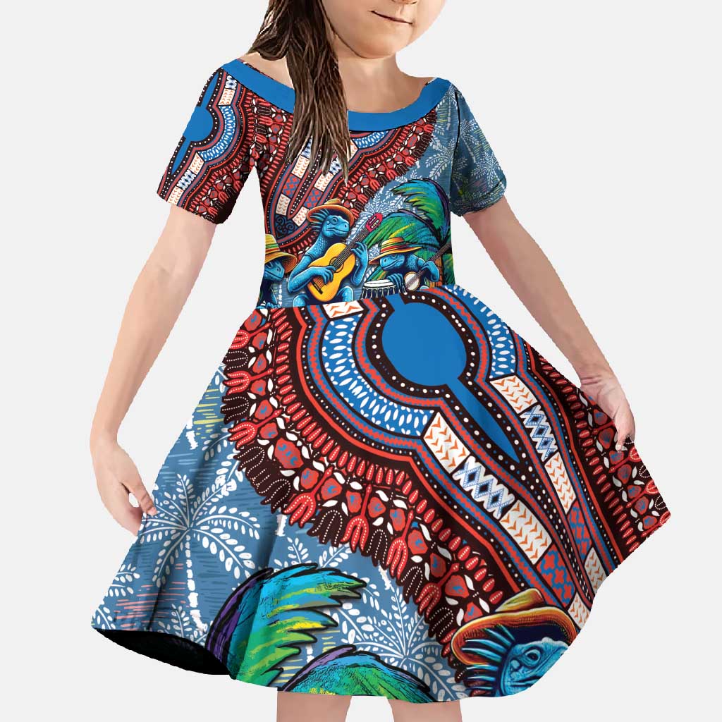 Afro-Caribbean Family Matching Tank Maxi Dress and Hawaiian Shirt African Dashiki Style with Caribbean Music with Blue Iguanas - Wonder Print Shop
