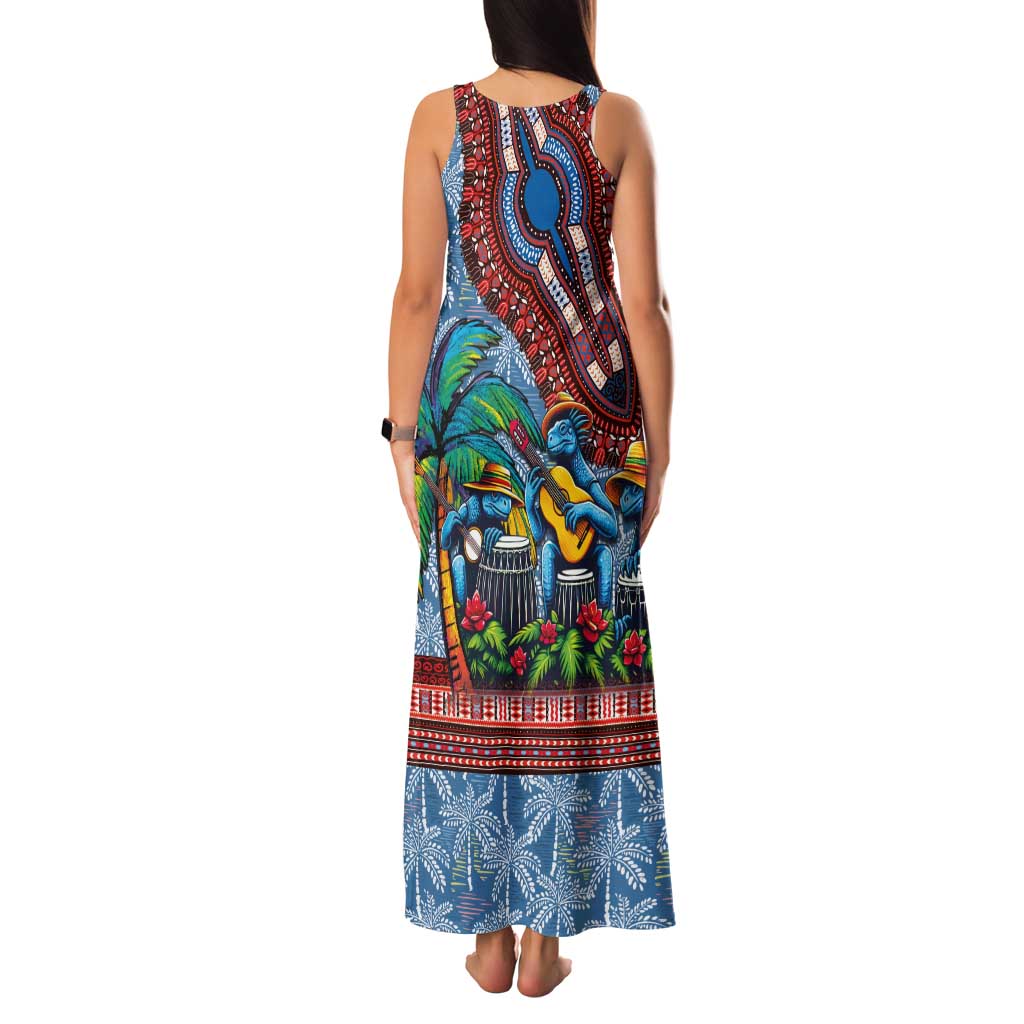Afro-Caribbean Family Matching Tank Maxi Dress and Hawaiian Shirt African Dashiki Style with Caribbean Music with Blue Iguanas - Wonder Print Shop