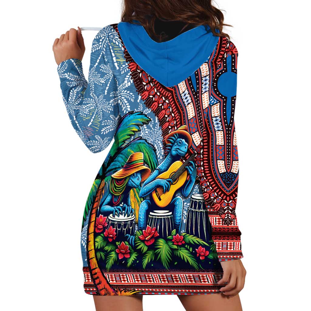 Afro-Caribbean Hoodie Dress African Dashiki Style with Caribbean Music with Blue Iguanas - Wonder Print Shop