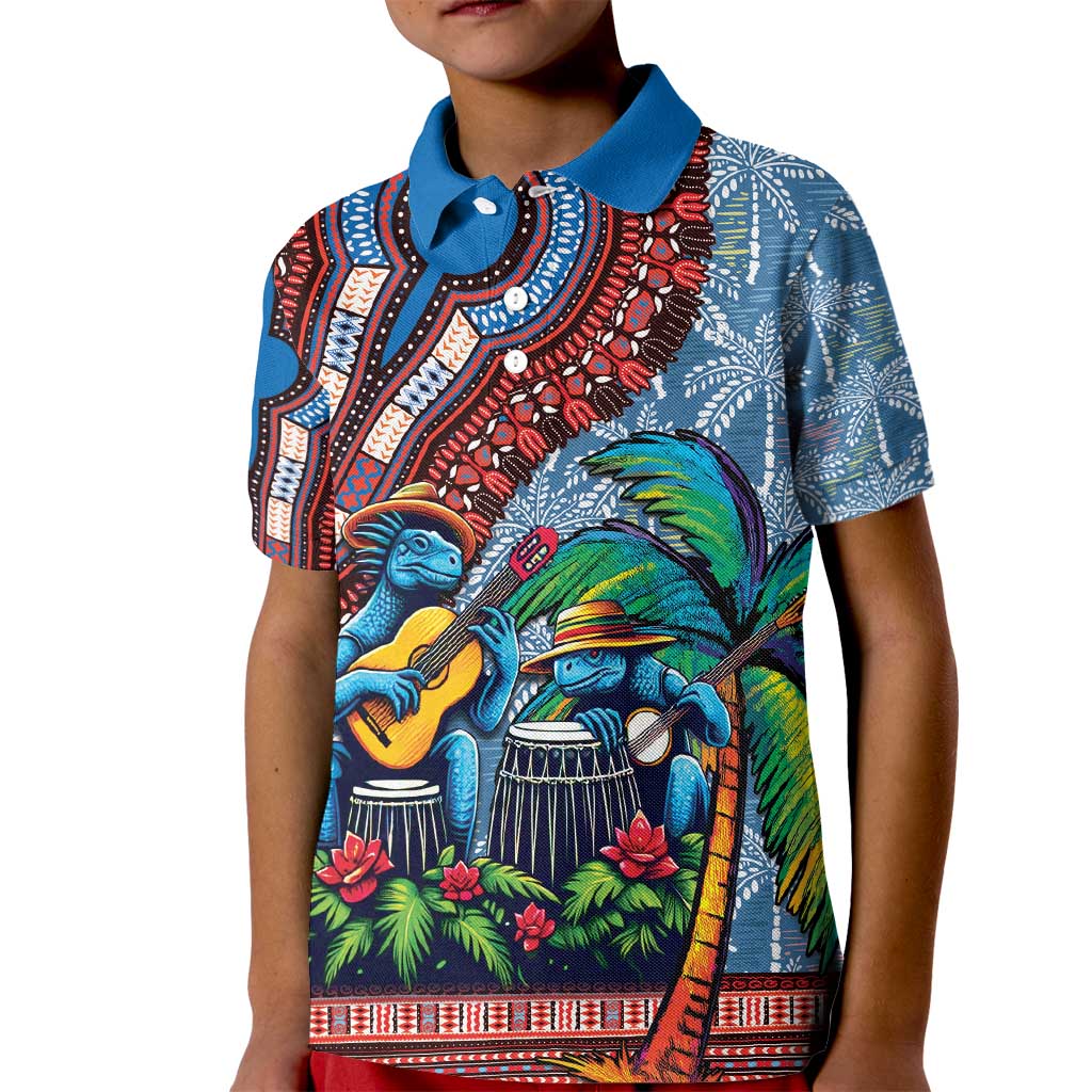 Afro-Caribbean Kid Polo Shirt African Dashiki Style with Caribbean Music with Blue Iguanas - Wonder Print Shop