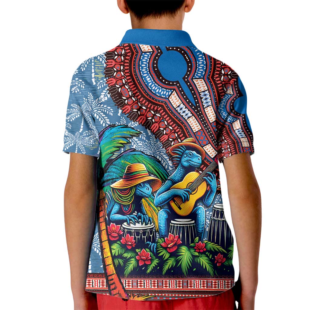 Afro-Caribbean Kid Polo Shirt African Dashiki Style with Caribbean Music with Blue Iguanas - Wonder Print Shop